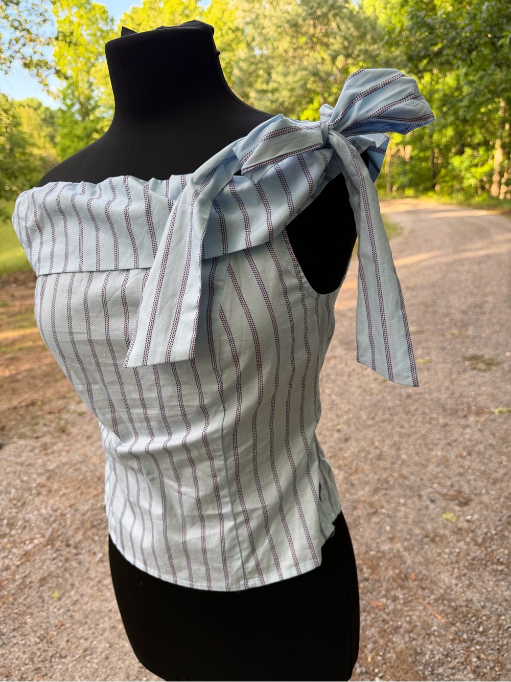 Francesca's Collections Blue and White Striped One-Shoulder Bow Camisole